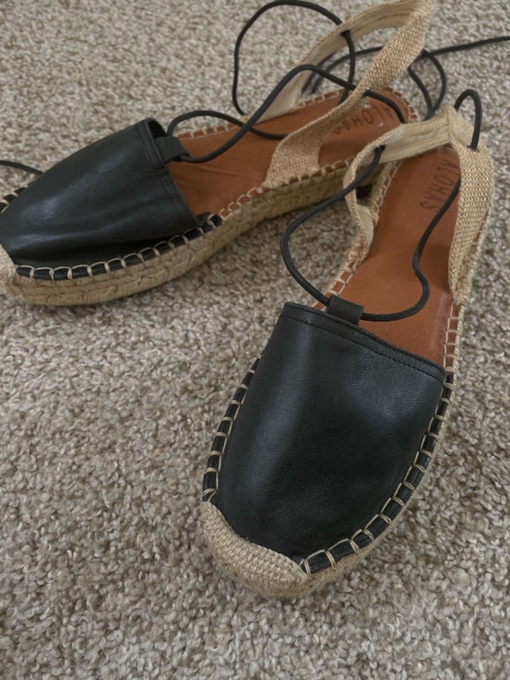 Alohas Seychelles Black Leather Espadrille Sandals